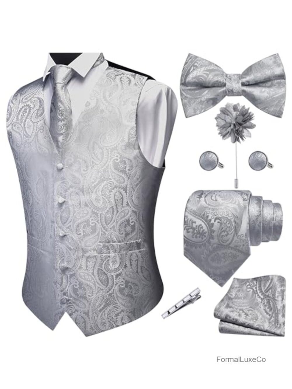 Men's V-Neck Suit Vest Paisley Jacquard Formal Waistcoat 7-Piece Set Wedding